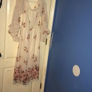Rested at shoulders. White flowered dress.